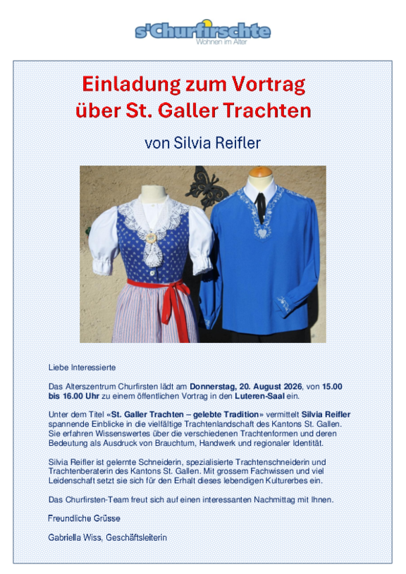 Vortrag Trachten von Silvia Reifler, am Donnerstag, 20. August 2026, 15-16 Uhr im Luteren-Saal