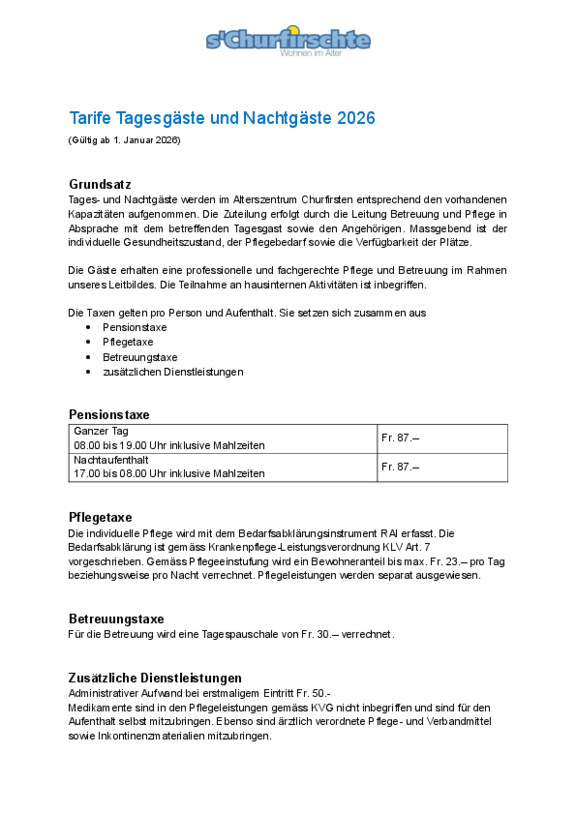 Tarife Tagesgäste und Nachtgäste 2026